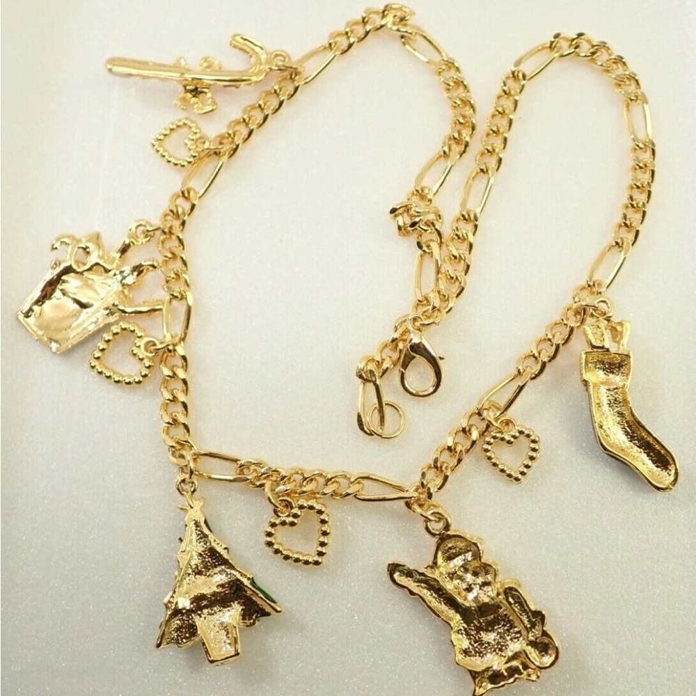 Chunky Gold Christmas Charm Necklace 🎄 Enamel Santa Tree Candy Cane Holiday - Picture 6 of 7